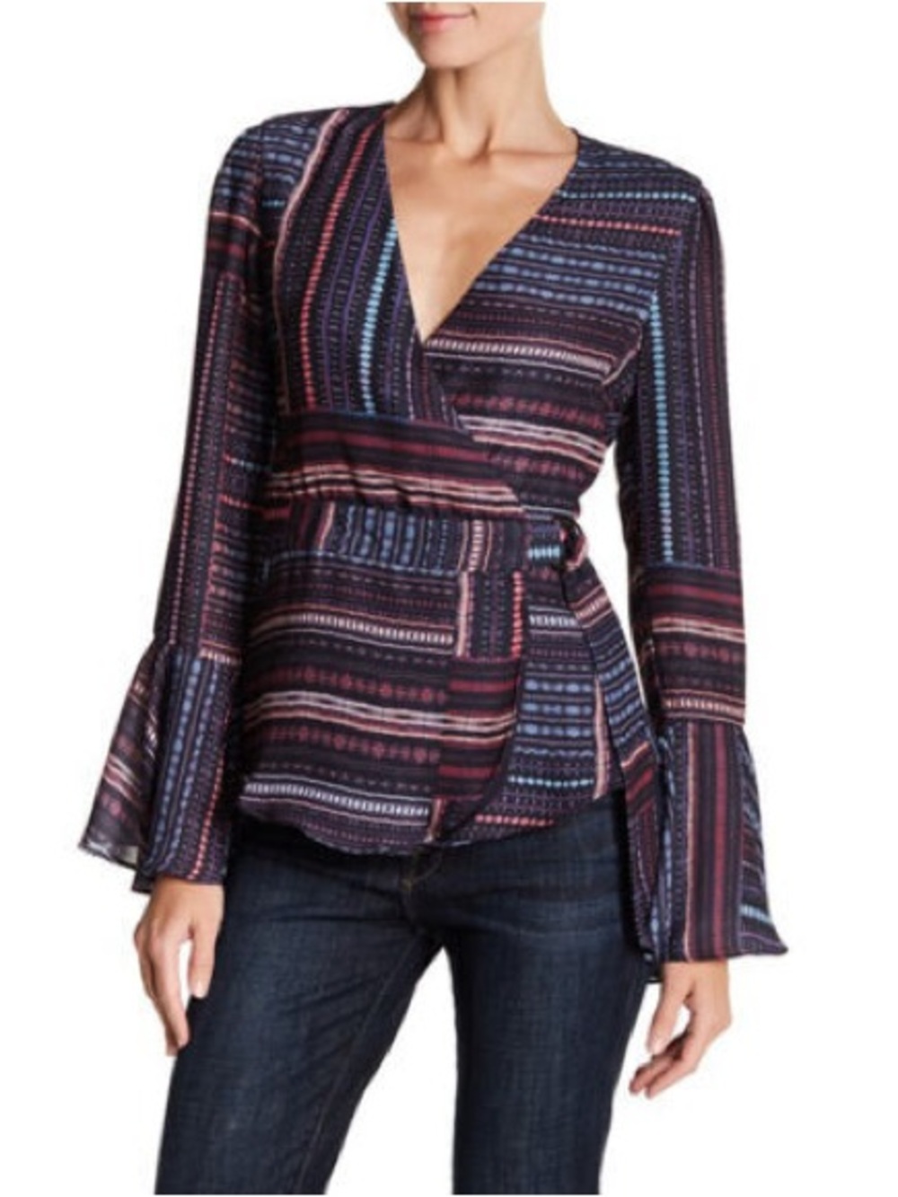 Parker Striped Wrap Blouse in Navy and Burgundy small